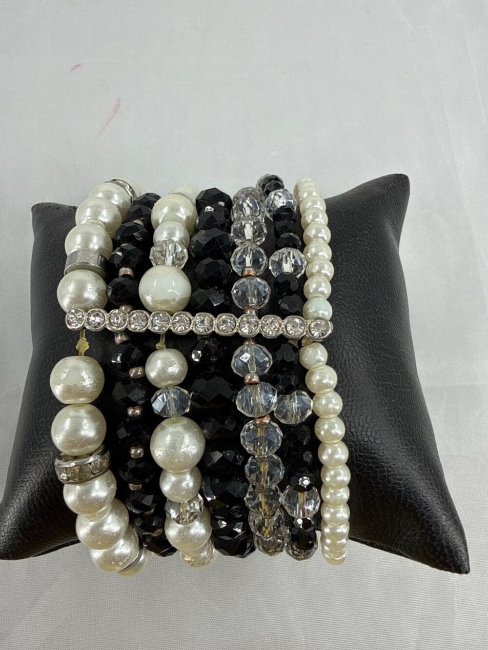 Multi Row Pearl Black Jet Bead Cuff Stretch Bracelet Rhinestone Bar Statement